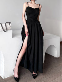 Sexy Spaghetti Strap Black Folds Corset Maxi Pleated Dress