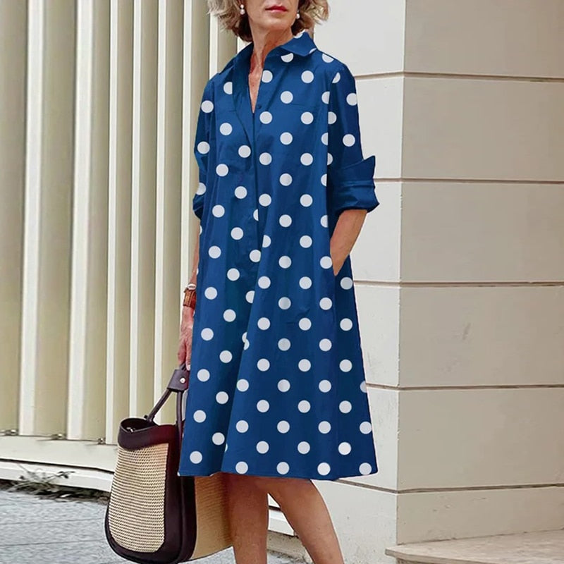 Sexy Autumn New Simple Shirt Dress Casual Solid Color Long Sleeves Fashion Turn-down Collar  Pocket  Dresses