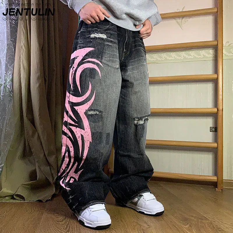 Y2K Women Baggy jeans Retro Harajuku Distressed  Ripped Wide Leg Cropped Pant High Street Rock Hip Hop Printed Men Clothing Jean