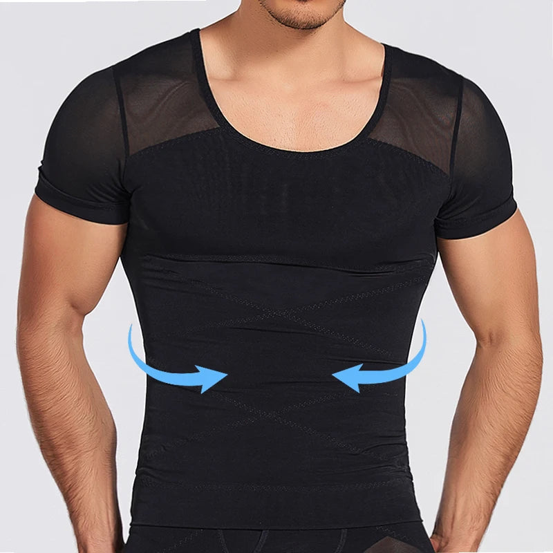 Mens Mesh Shirts Body Shaper Short Sleeve Compression Belly Slimming Undershirt Shapewear Workout Abs Abdomen Tummy Control Tops