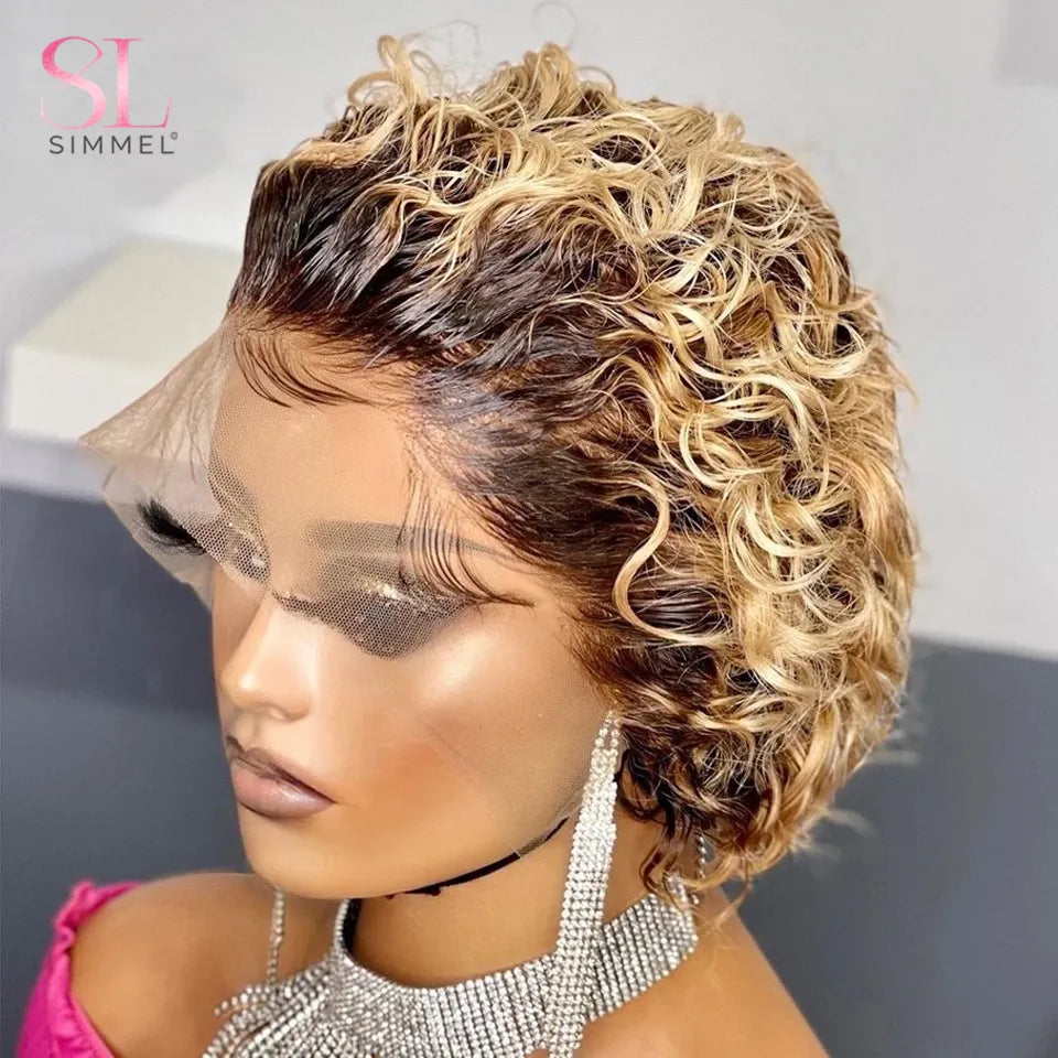 Pixie Cut Wig Human Hair Colored Short Bob Curly Lace Front Wig Cheap Transparent 99j Burgundy Deep Water Wave Wigs For Women