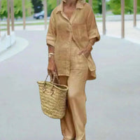 Summer Cotton Linen Casual Home 2 Piece Set For Women 2025 Fashion White Long Sleeve Shirt And Shorts Two Piece Sets Tracksuit