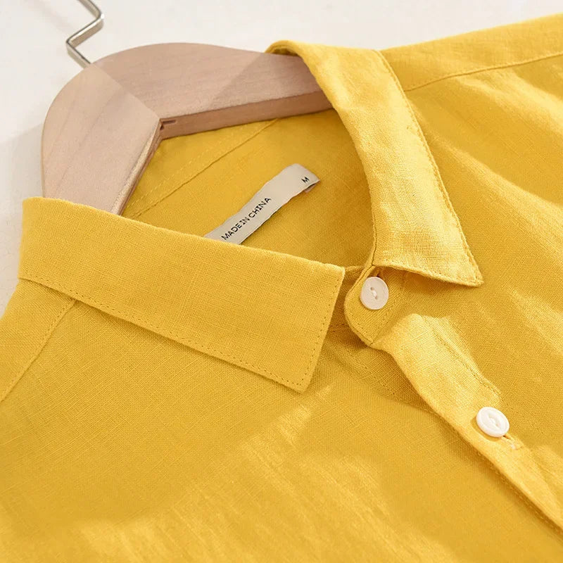 Men Clothing 2022 Spring and Autumn Men's Fresh Pure Linen Shirt Youth Loose Lapel Pocket Linen Shirt