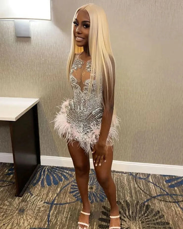 Sexy Crystals Short Black Girl Prom Dresses Silver See Through African Feather Cocktail Dresses For Birthday Homecoming Gowns