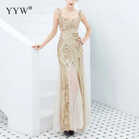 Shinny Gold Sequined V Neck Sleeveless Elegant Evening Dresses Sexy Robe De Soiree Formal Dress Luxury Mesh Club Party Vestidos