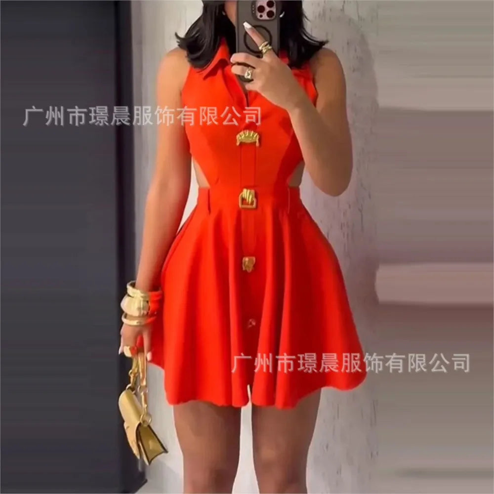 Women's Fashionable Mini Dress 2025 Summer Sleeveless Hollowed-out Lapel Shirt Dress with Button Temperament Elegant Short Skirt