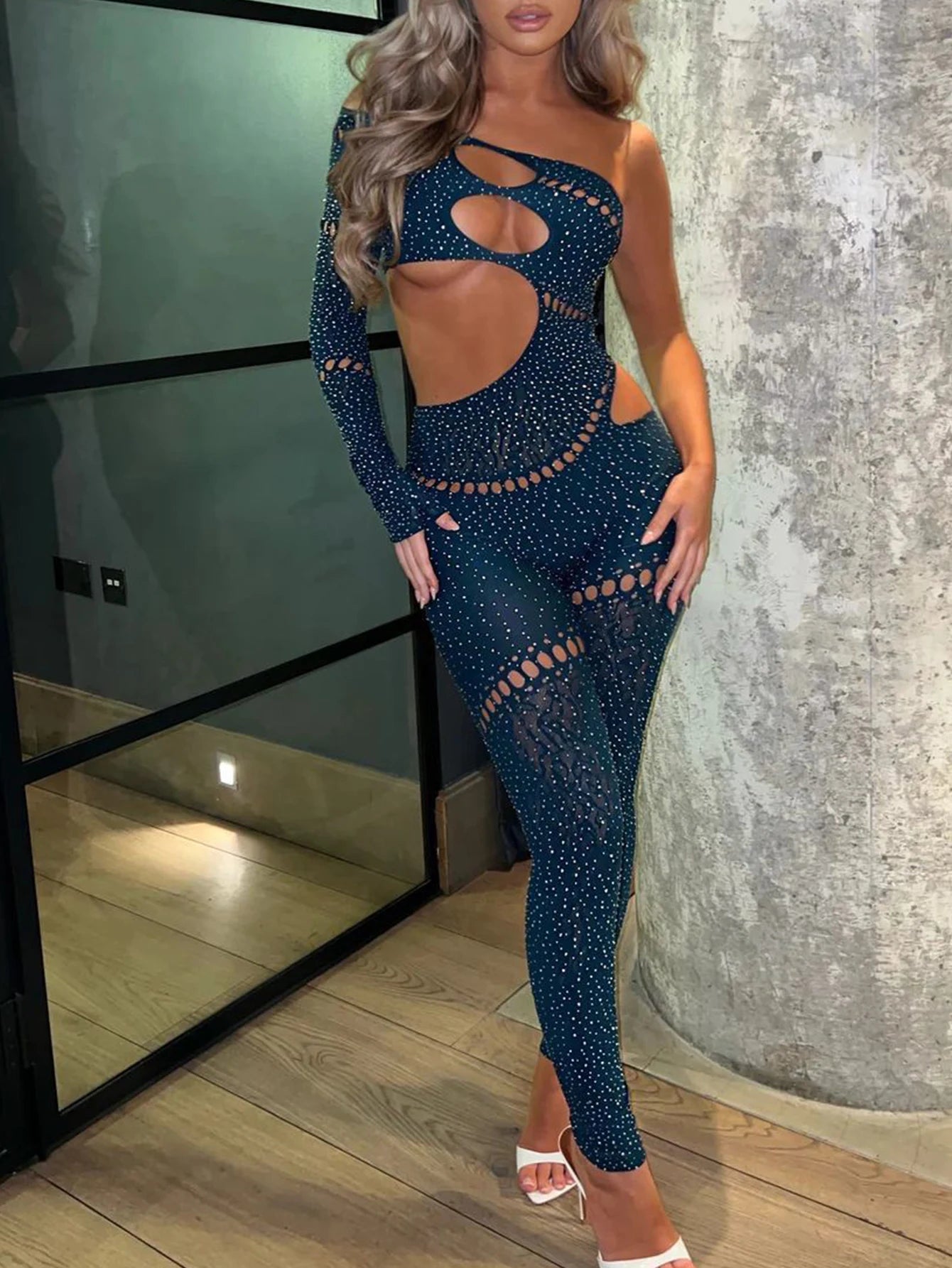 Sexy Long sleeve rhinestone bodycon jumpsuit women body bodysuit birthday party club Hollow out outfits womens jumpsuits overall