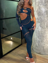 Sexy Long sleeve rhinestone bodycon jumpsuit women body bodysuit birthday party club Hollow out outfits womens jumpsuits overall