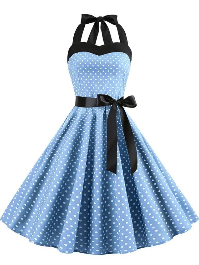 Elegant Women Pink Polka Dot Dress Summer Robe Hepburn 1950s 60s Vintage Sexy Halter Rockabilly Retro Party Dresses 2026 Vestido