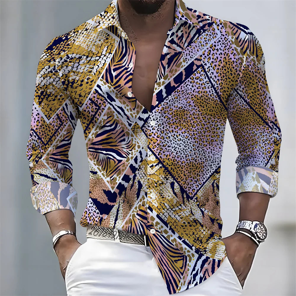 Men's Retro Color-Blocked Floral Print Long-Sleeve Shirt with Paisley Pattern Design, Casual Top for Spring and Autumn