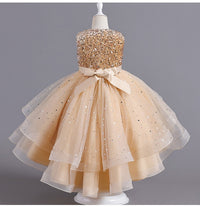 Glitter Sequin Hi-Lo Child Flower Girl Dresses Birthday Tulle Sleeveless Bow Starry Princess Kids Wedding Party Formal Gown
