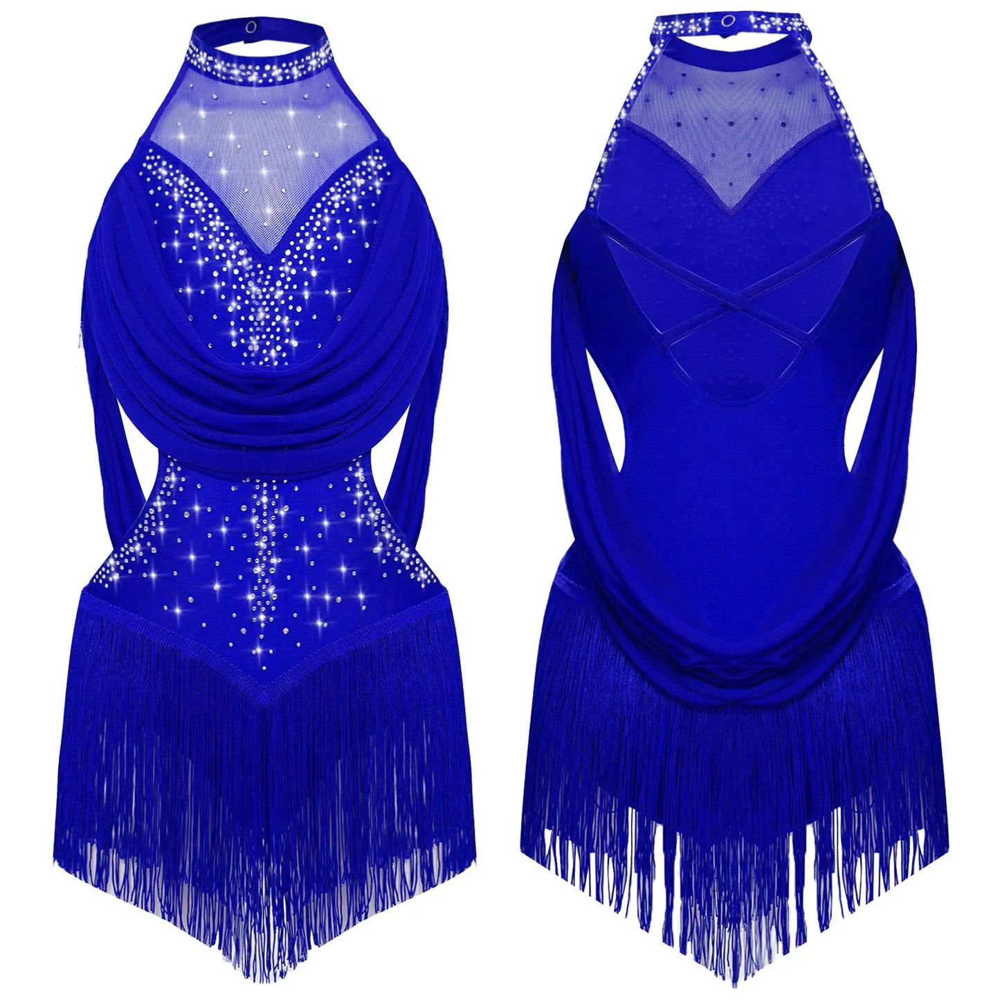 Girls Latin Jazz Rumba Samba Dance Costume Salsa Set Ruched Mesh Drapes Cutout Leotard with Tassel Skirts and 1 Pair Mesh Gloves