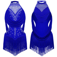 Girls Latin Jazz Rumba Samba Dance Costume Salsa Set Ruched Mesh Drapes Cutout Leotard with Tassel Skirts and 1 Pair Mesh Gloves