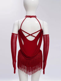 Girls Latin Jazz Rumba Samba Dance Costume Salsa Set Ruched Mesh Drapes Cutout Leotard with Tassel Skirts and 1 Pair Mesh Gloves