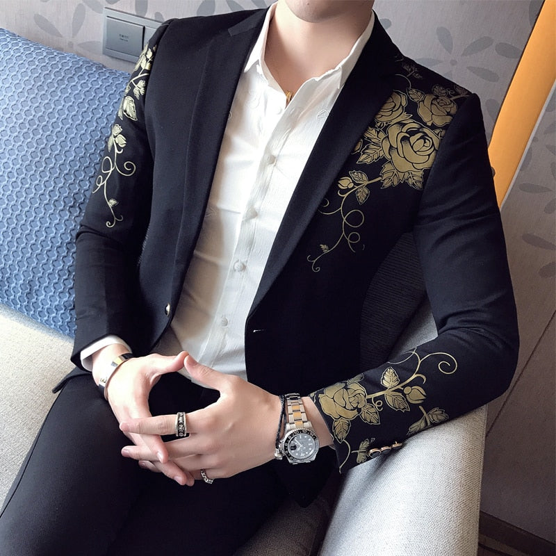 2022 New Luxury Gold Print Blazer Slim Fit Men Party Wedding Dress Black Suit Jacket