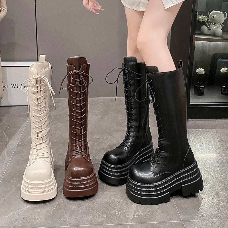 New Autumn Knee High Boots Women Chunky Leather Long Boots Woman High Heels Punk Shoes Winter 9CM Platform Motorcycle Booties