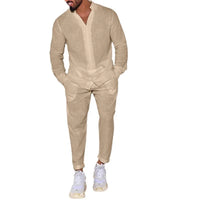 Men's casual cotton and linen suit, fashion comfortable linen solid color stand collar shirt street loose long sleeve two-piece