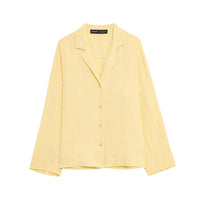 HH 2025 Casual Women Linen Shirt Shorts Sets Summer Lapel Single-Breasted Long Sleeves Shirt Top+Elastic Waist Pocket Shorts