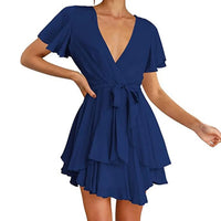 Loose V-neck Lace-up Mini Dress Flowy Ruffle Hem Solid Color Short Sleeve Women Dress Party