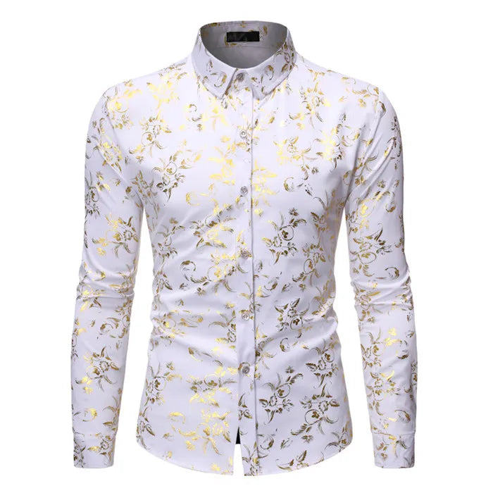Mens Gold Rose Floral Print Shirts Brand Floral Steampunk Chemise White Long Sleeve Wedding Party Bronzing Camisa Masculina New