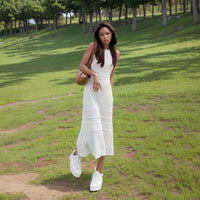 French Style White Vest Knitting Cut Out Design Simple Dress Hainan Sanya Beach Travel Beach Skirt