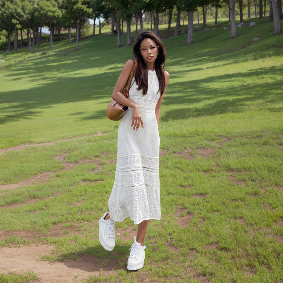 French Style White Vest Knitting Cut Out Design Simple Dress Hainan Sanya Beach Travel Beach Skirt