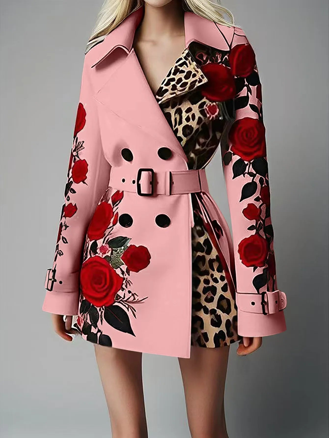 Women New Long Sleeve Floral Flower Printed Office Coat Double Button Belt Lapel Collar High Waist Jacket