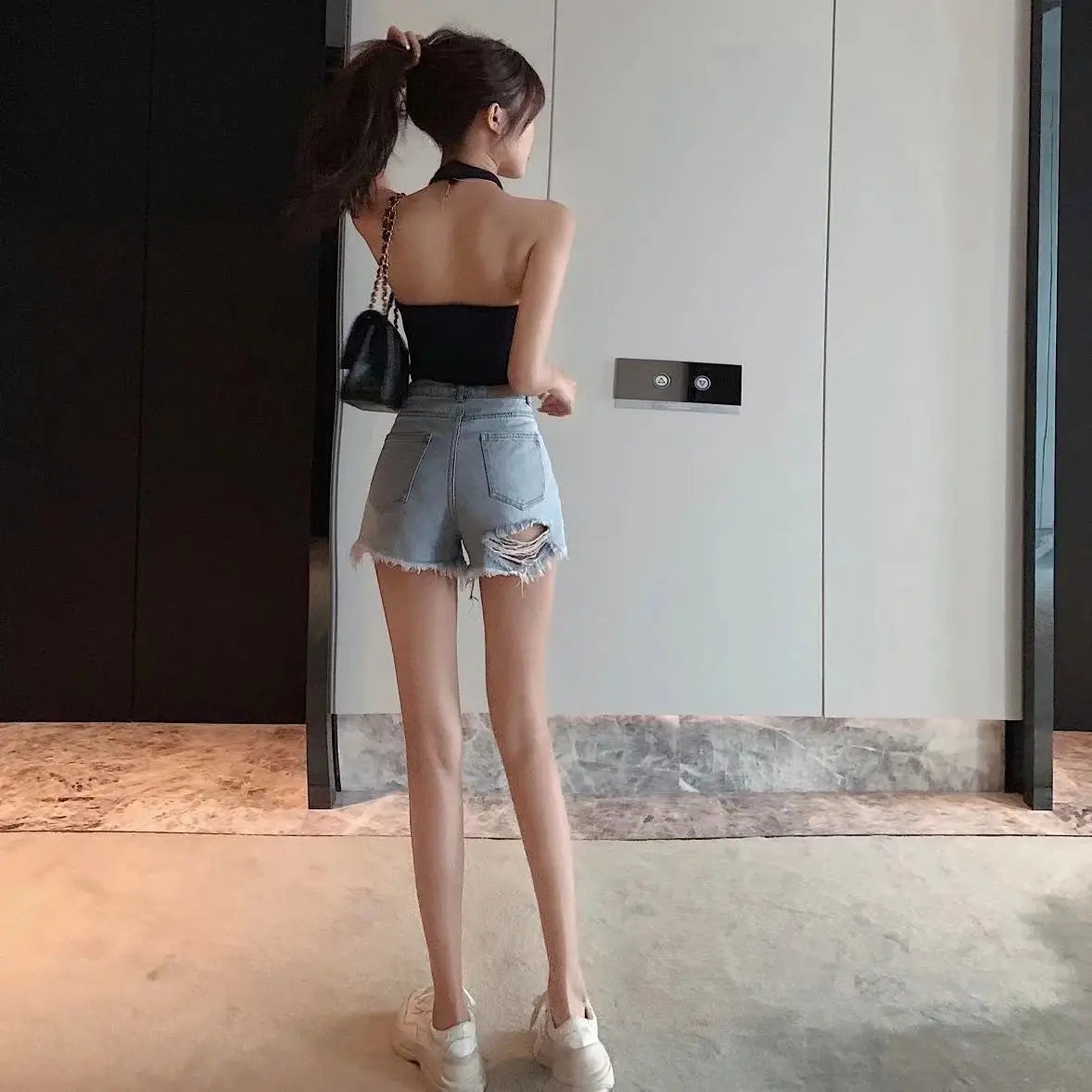 Ripped Denim Shorts for Women with High Waist and Hip Loose A-line Wide-leg Hot Pants