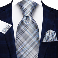 Hi-Tie Designer Silk Wedding Tie For Men Blue White Plaid Handky Cufflink Set Fashion Necktie For Men Business Party Wholesale