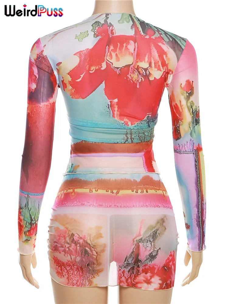 Weird Puss See Through Women 2 Piece Set Summer Thin Aesthetic Print Long Sleeve Crop Tops+Shirring Mini Skirts Matching Outfits