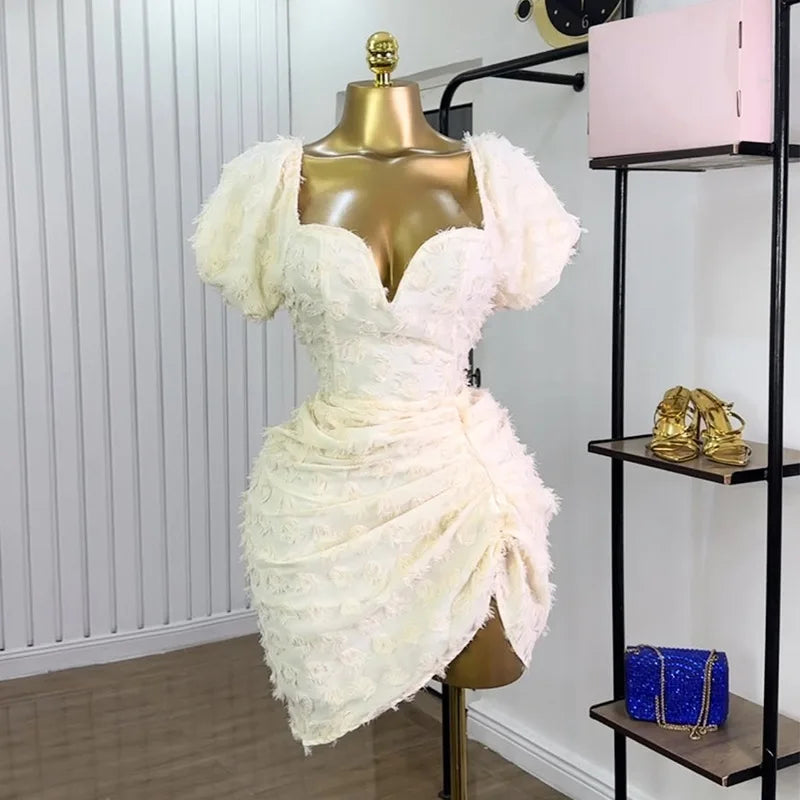 Women's Clothing 2025 Spring and Summer New Sexy V-neck Bubble Sleeves High Waist and Thin Pleated Short Dress