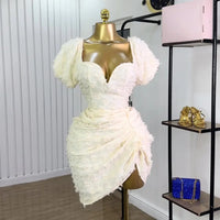 Women's Clothing 2025 Spring and Summer New Sexy V-neck Bubble Sleeves High Waist and Thin Pleated Short Dress
