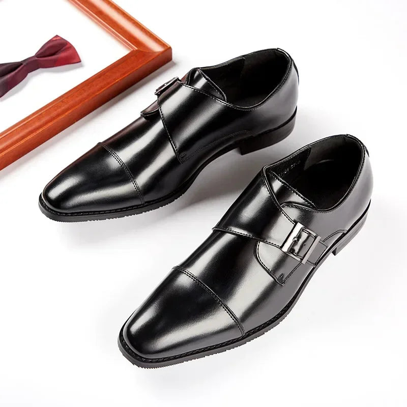 Men Genuine Cow Leather Dress Shoes Single Buckle Monk Strap Shoe Cap Toe Classic Business Gentlemen's Wedding Shoes for Men