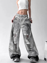 Women Jeans Pants American High Street Ripped Straight Wide-Leg Jeans For Women Design Tie-Dye Jazz Dance Cargo Full Thin Jeans