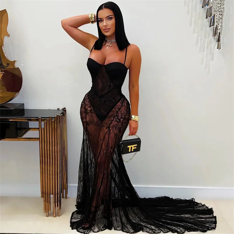 Sexy See Through Lace Mermaid Evening Dresses Women Wedding Nightclub Spaghetti Strap Strapless Club Party Long Dress Elegant