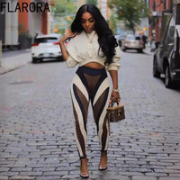 FLARORA Fashion Stripe Print 2 Pcs Sets Woman Round Neck Long Sleeve Crop Tops And Skinny Pants Outfits Fall Street Tracksuits