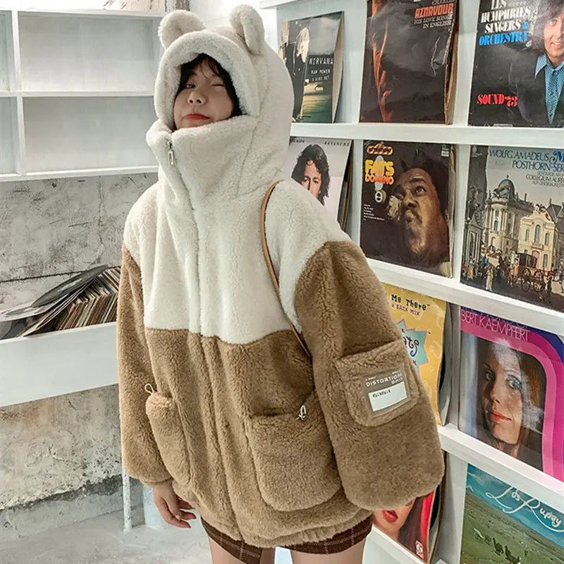 Lamb wool coat women's winter clothes y2k 2021 new student Japanese soft girl cute plus velvet thick hooded sweater ins selling