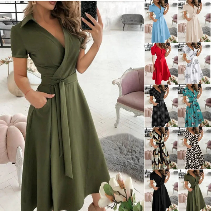 2023 New Autumn-winter Women Fashion Long Skirt V-neck Print Wrap Hip Dress Fashion Lace-up Skirt Sexy Short-sleeved Skirt