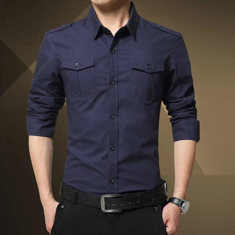 Mens Military Shirts 2025 Autumn Long Sleeve Casual Workwear Pocket Shirts Camisas Slim Solid Male Military Shirts Chemise Homme