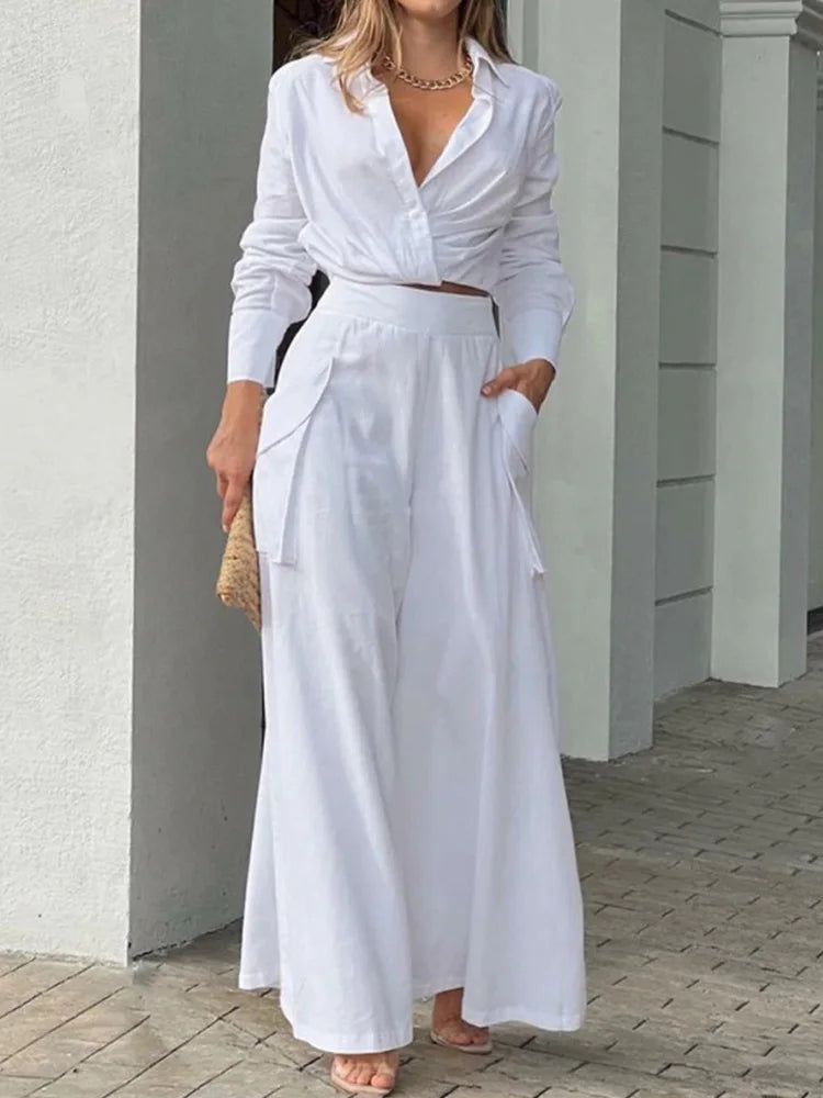 Foridol Shirt Long Pants Suits 2 Piece Set Women Long Sleeve Shirt Wide Leg Pants Casual White Spring Summer Outfits 2023 New