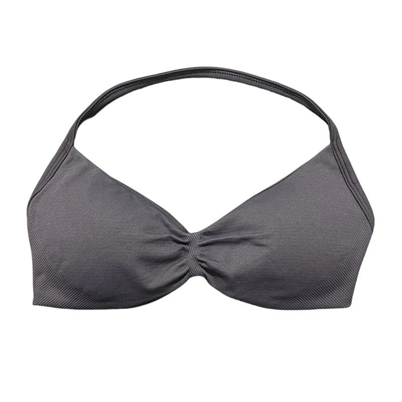 HISTELLO Sports Bra Seamless Halter Thin Strap High Support Scrunch Women Removable Pads Gym Fitness Workout Yoga Clothes