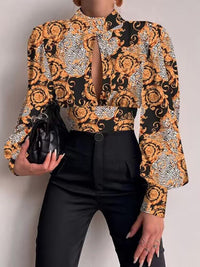 Women Sexy Backless Hollow Print Shirts Fashion Party Crop Top 2023 Spring  Casual Stand Long Sleeve Office Lady Blouses And Top