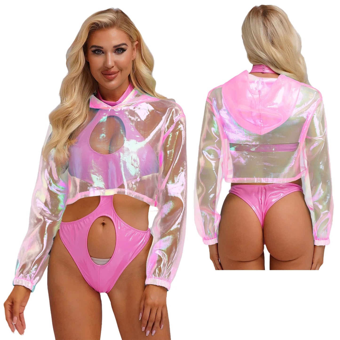Womens Sparkly Transparent Hooded Top Holographic Long Sleeve Cropped Tee Shirts Festival Rave Outfits Pullover Hoodie Clubwear