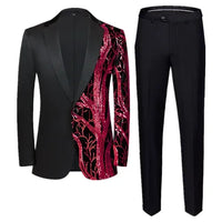 Red Sequin Blazer & Pants Set , Men's Shiny Party Outfit Suits for Weddings, Concerts & Festive Celebrations