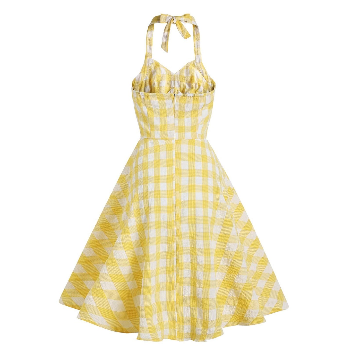 High Waisted Plaid Cocktail Dress Backless Sexy Mid Length Dress Vintage 1950s Hepburn Strapless Swing Retro Halter Dresses