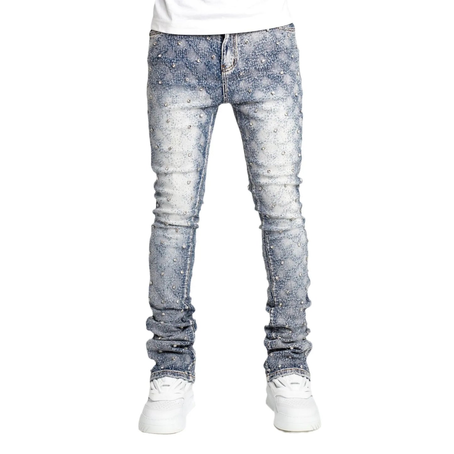 Stretchy Personality Stacked Denim Pants 2024 New Fashion Pearls Fashion Rhinestone European Street Skinny Jeans For Men