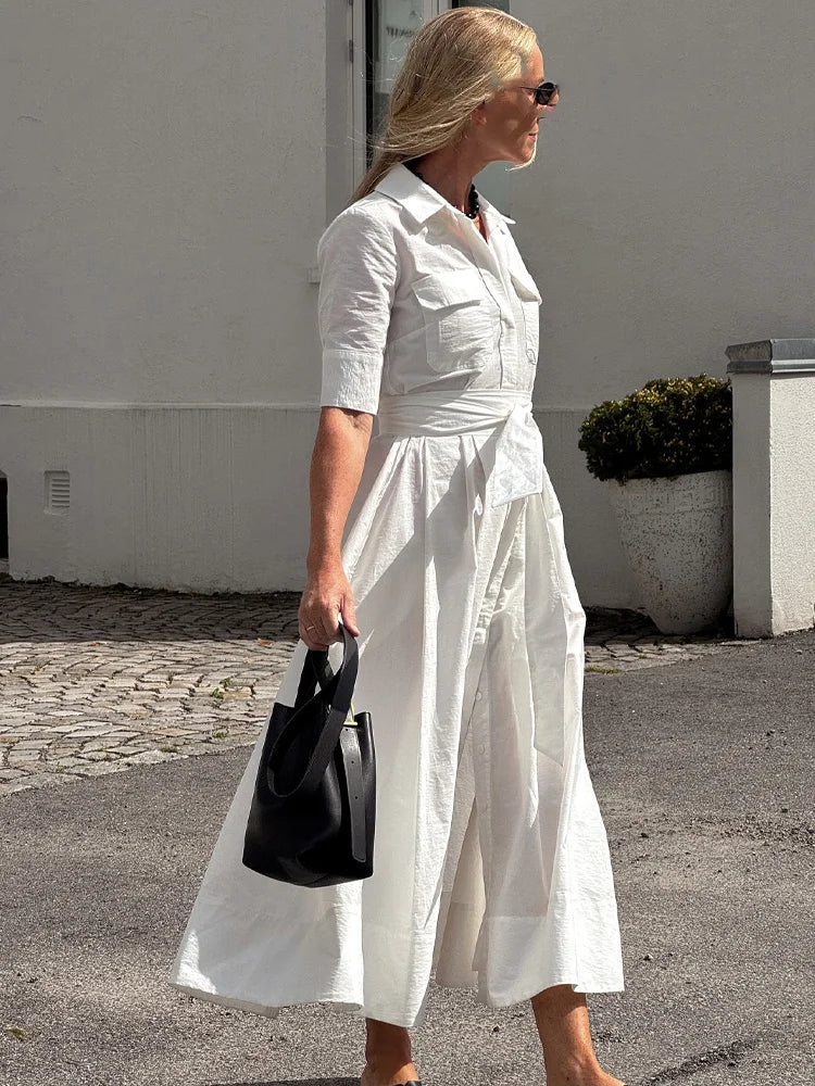 HH Women Fashion Lapel Short Sleeve Pocket Single-Breasted Belt Decorate Midi Dress Female Summer Elegant Slim Pleated Dress