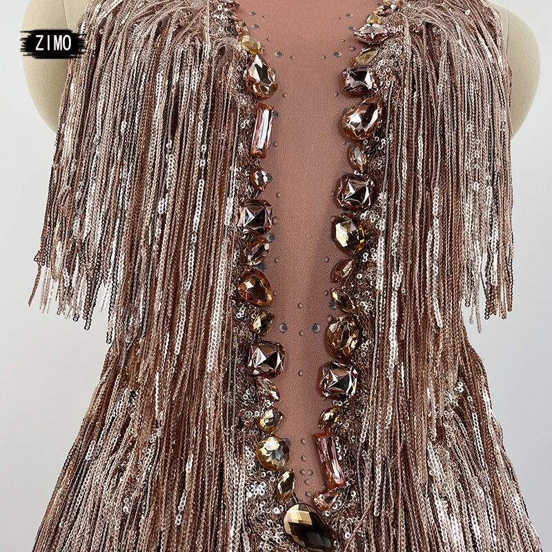 Sparkly Rhinestones sequin Fringes Leotard Sexy Tassel Bodysuit women gold Latin Dance Costume Stage Dancer DS Performance Show