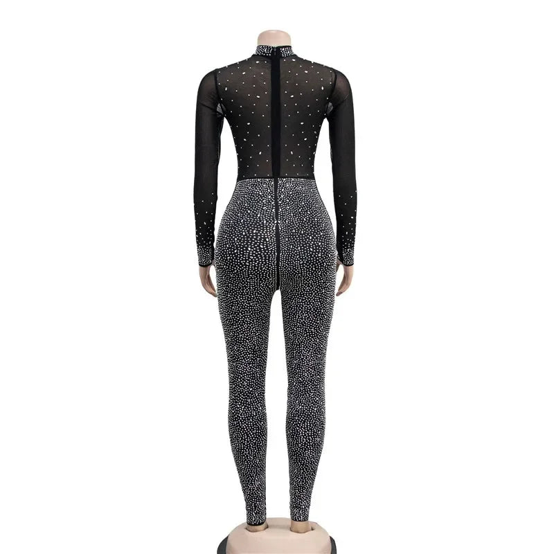 High Quality 2022 Long Sleeve Skinny Sexy Diamonds Jumpsuits Women High Neck Mesh See Through Black Club Party Jumpsuit Rompers