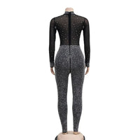 High Quality 2022 Long Sleeve Skinny Sexy Diamonds Jumpsuits Women High Neck Mesh See Through Black Club Party Jumpsuit Rompers